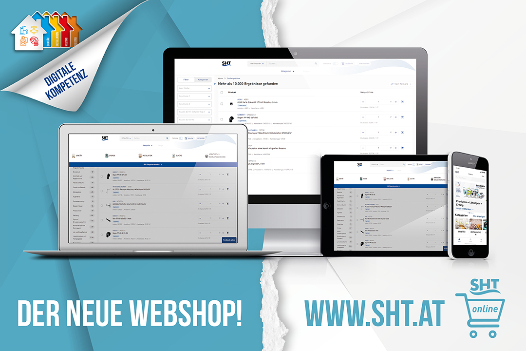 Banner zum neuen SHT Webshop sht.at, Screenshots für mobile Geräte und PC